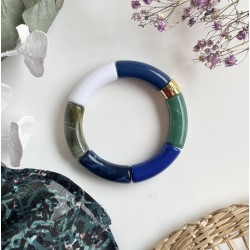 Bracelet jonc élastiqué doré PIPOCA MARINHO 1 - Bleu vert & blanc