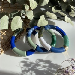 Bracelet jonc élastiqué doré PIPOCA MARINHO 1 - Bleu vert & blanc