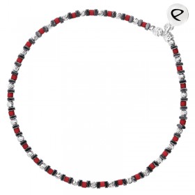 Bracelet fin élastiqué - Perles argent Miyuki carré rouge & Hématites DORIANE