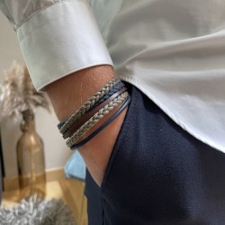 Bracelet jonc multi-rangs - Liens coton tressé camel & cuir bleu marron TAILLE L