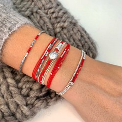 Bracelet 2 double tours élastiqué FLUFFY argent - Perles rouge TAILLE M