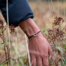 Bracelet HARPON Cordon noir & petite Maillon ovale argent