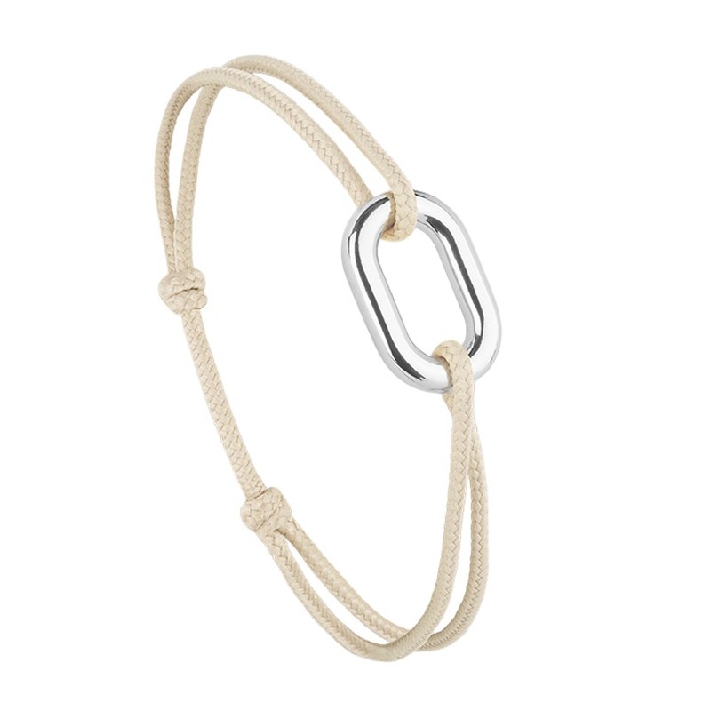 Bracelet ORIN argent - Maillon ovale & Cordon beige - Le Vent à la Française