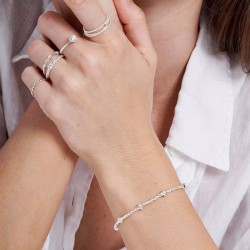 Bracelet élastique en argent - Perles lisses facettées & Disques TAILLE L