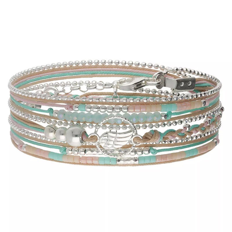 Bracelet 3 tours en Argent - Cordons Perles turquoise beige-rose & Anneau ailé - DORIANE Bijoux