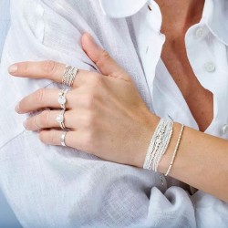 Bracelet cordons 3 tours BLANC argent - Anneau diamanté argent & Zircon