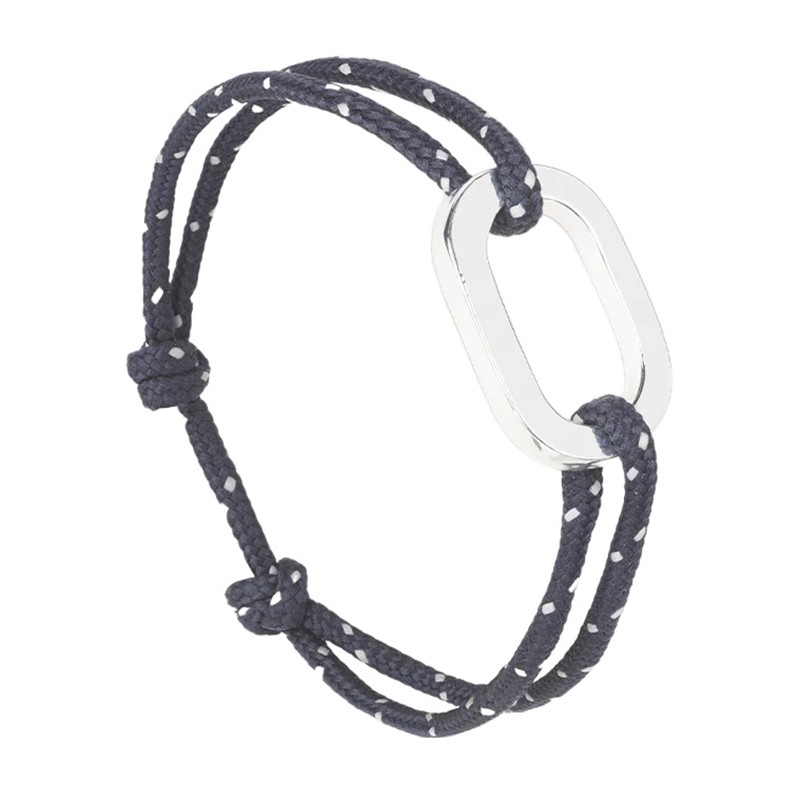 Bracelet QUAI Cordon moucheté bleu marine blanc & Maillon plat argent LE VENT A LA FRANCAISE