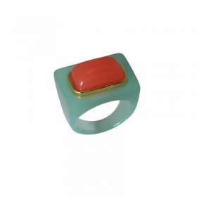 Bague large JADE&FROSTY LOBSTER  Résine verte - Cabochon rectangle saumon - LUCAS JACK