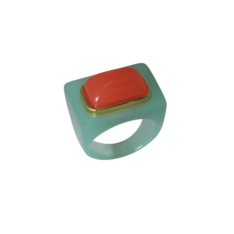 Bague large JADE&FROSTY LOBSTER  Résine verte - Cabochon rectangle saumon - LUCAS JACK