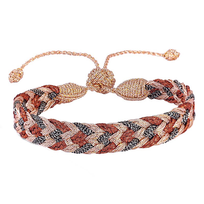 Bracelet fin ajustable DOUBLE U2 Gold peach Toffee Greige - Fils d'or tressés - Maaÿaz