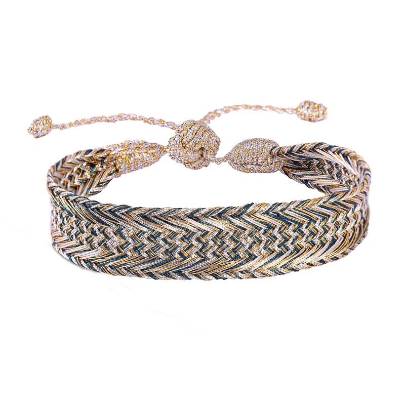 Bracelet fin ajustable NERRY Gold Silver Teal Green - Fils d'or tressés - Maaÿaz