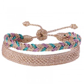 Bracelet fin ajustable DUO IZY Rose Gold & EYA Tiffany Blue - Fils d'or tressés - Maaÿaz