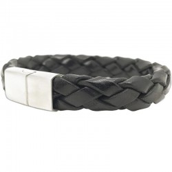 Bracelet jonc homme - Cuir tressé rond noir vintage & boucle métal TAILLE M