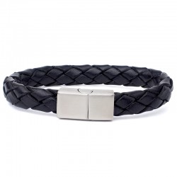 Bracelet jonc homme - Cuir tressé rond noir vintage & boucle métal Loop and co