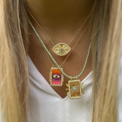 Collier cordon SATURNE BOHEME Or & Pendentif rectangle planète