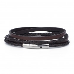 Bracelet jonc multi tours Mixte - Métal & cuir marron TAILLE L