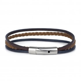 Bracelet jonc multi-rangs - Liens coton tressé camel & cuir bleu marron LOOP AND CO