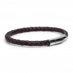 Bracelet jonc Mixte - Cuir tressé serpent rond marron & Clic métal LOOP AND CO