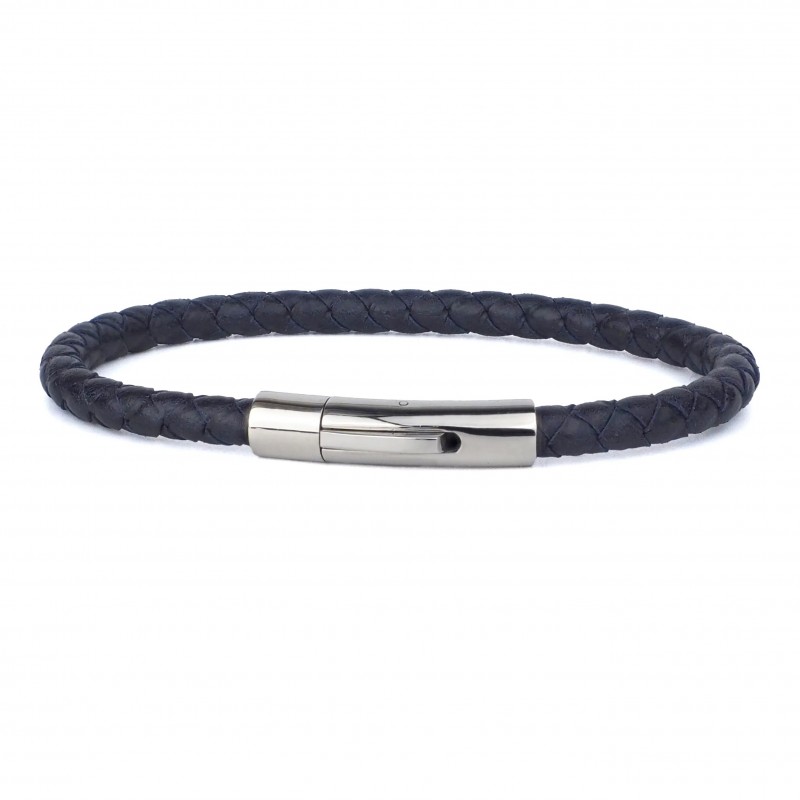 Bracelet jonc homme Cuir bleu marine - Tressé serpent rond LOOP AND CO