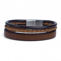 Bracelet jonc large homme - Multi-rangs cuir marron et camel TAILLE S