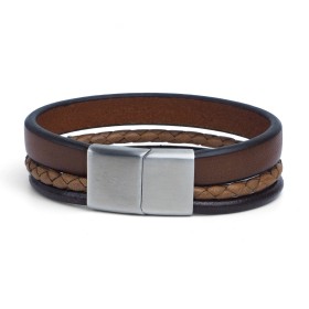 Bracelet jonc large homme LOOP AND CO - Multi-rangs cuir marron & boucle métal