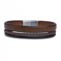 Bracelet jonc large homme - Multi-rangs cuir marron & boucle métal - Loop and Co