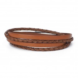 Bracelet jonc multi tours Mixte - Métal & cuir camel TAILLE M