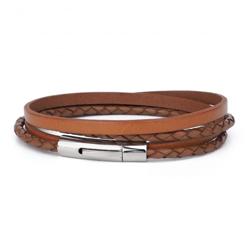 Bracelet jonc multi tours Mixte - Métal & cuir camel - Loop and Co