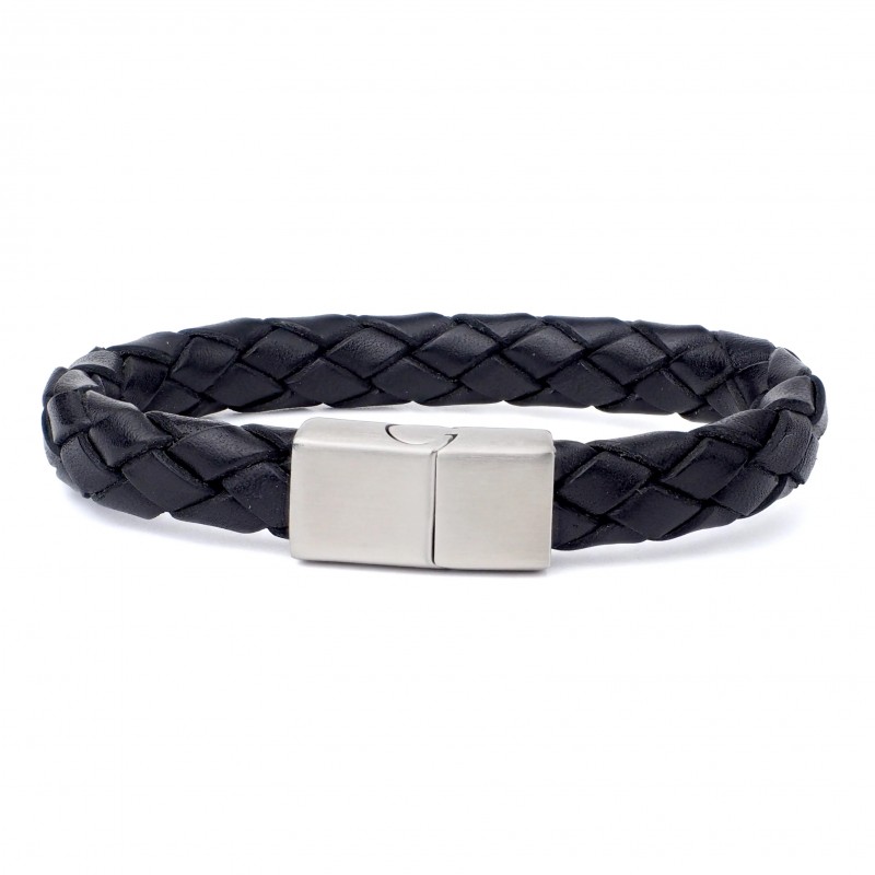 Bracelet jonc large homme - Cuir tressé brut rond noir & Boucle métal - Loop and Co