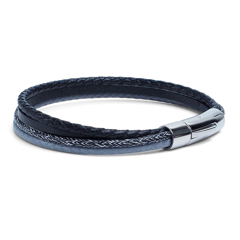 Bracelet jonc multi-rangs - Mix cuir coton noir gris & boucle métal - Loop and Co