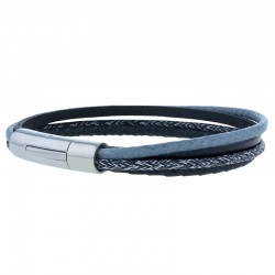 Bracelet jonc multi-rangs - Mix cuir coton noir gris & boucle métal TAILLE M