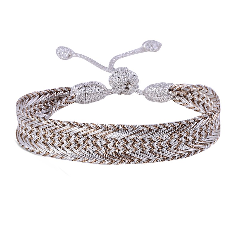 Bracelet ajustable NERRY Silver Greige- Fils d'or tressés beige & argent MAAYAZ