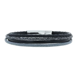 Bracelet jonc multi-rangs - Mix cuir coton noir gris & boucle métal LOOP AND CO