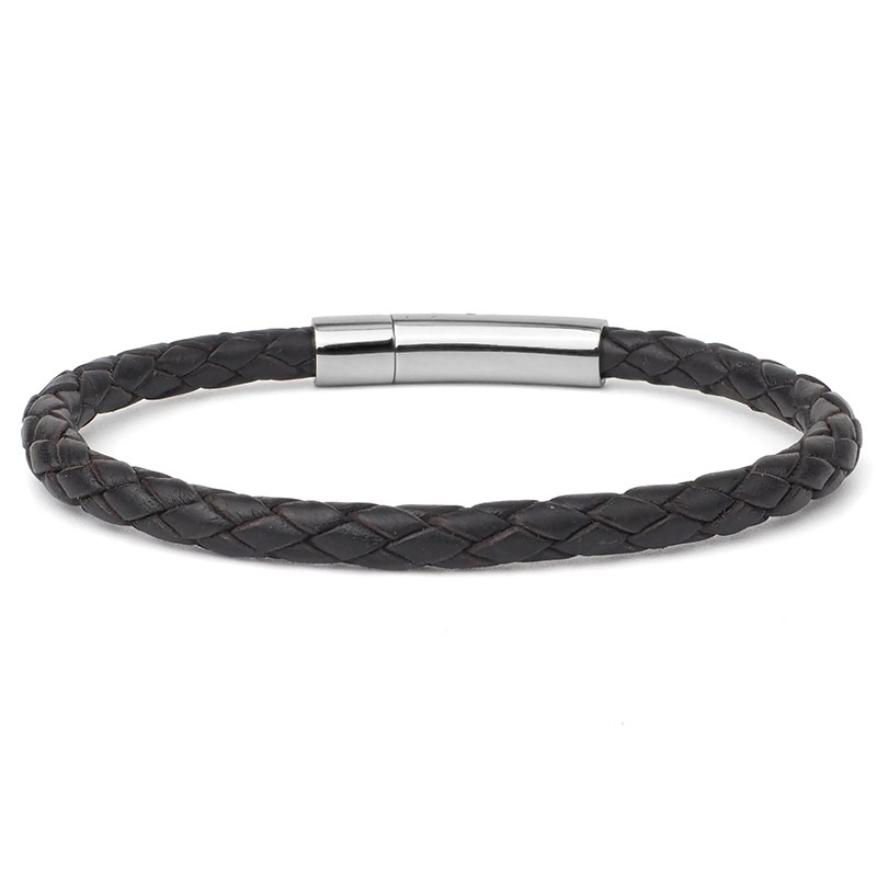 Bracelet jonc homme Cuir marron mat - Tressé serpent rond LOOP AND CO