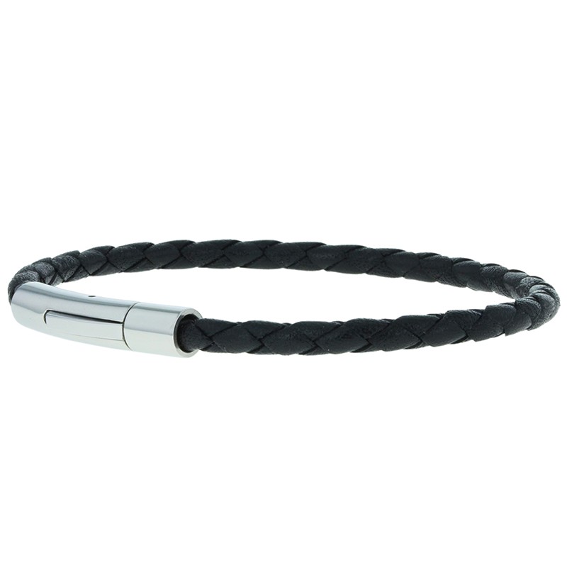 Bracelet jonc homme Cuir noir 4 mm - Tressé serpent rond - Loop And Co