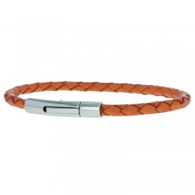 Bracelet jonc homme Cuir orange 4 mm - Tressé serpent rond - Loop And Co