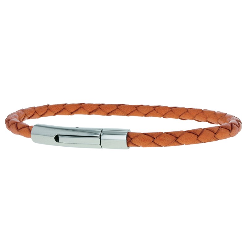 Bracelet jonc homme Cuir orange 4 mm - Tressé serpent rond - Loop And Co