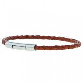 Bracelet jonc homme Cuir camel 4 mm - Tressé serpent rond - Loop And Co