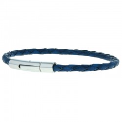 Bracelet jonc homme Cuir bleu 4 mm - Tressé serpent rond - Loop And Co