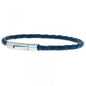 Bracelet jonc homme Cuir bleu 4 mm - Tressé serpent rond - Loop And Co