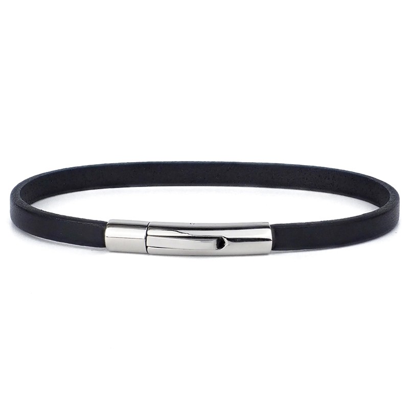 Bracelet jonc Homme en Cuir véritable plat - NOIR - Loop And Co