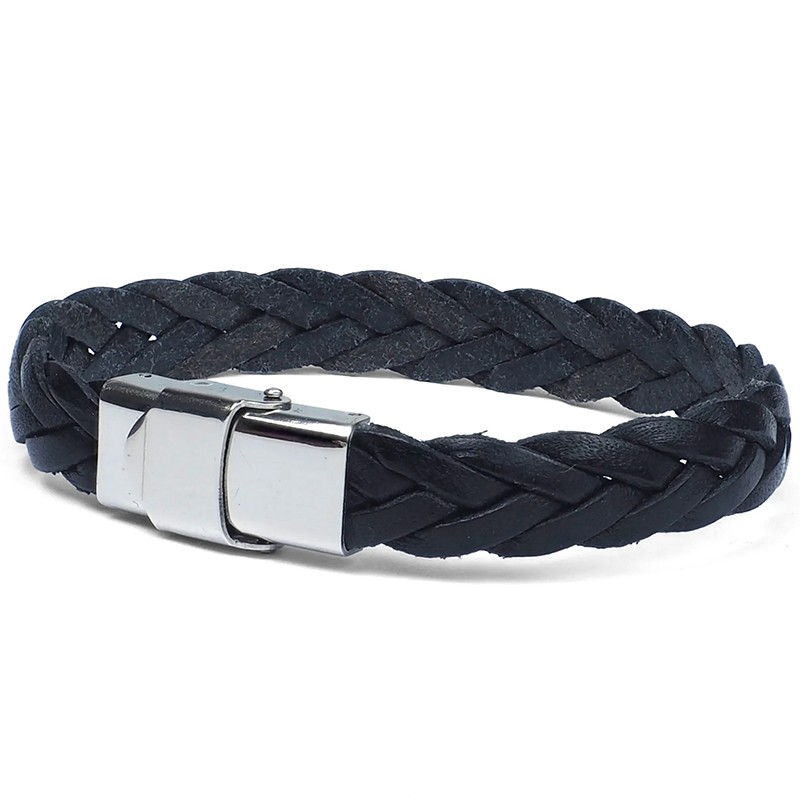 Bracelet jonc large homme BLEU - Métal & Cuir tressé plat - Loop And Co