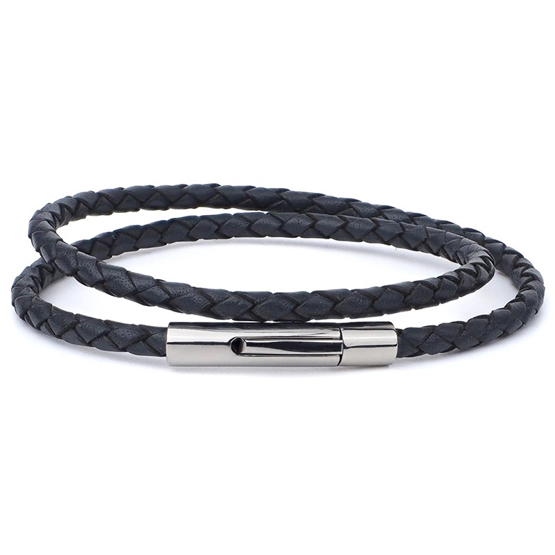 Bracelet jonc multitours homme Cuir gris 4 mm - Tressé serpent rond - Loop And Co