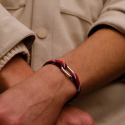 Bracelet VOILE Cordon large rayé rouge blanc & Maillon ovale argent