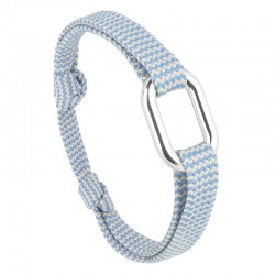 Bracelet PIROGUE Cordon large chiné bleu ciel blanc & Maillon ovale argent - Le vent à la Française