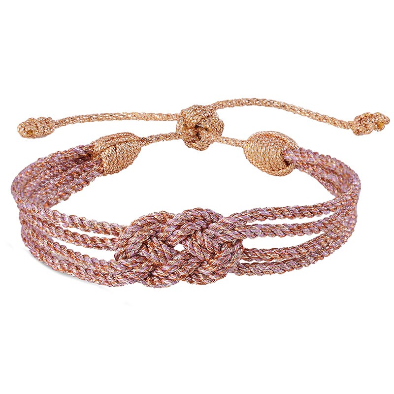 Bracelet fin ajustable DOUBLE KNOT Rose Peach Pink - Fils d'or tressés - Maaÿaz