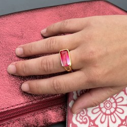 Bague RAINBOW Or - Chevalière & Cabochon rectangle fuchsia TAILLE 58