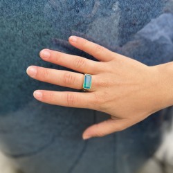 Bague RAINBOW Or - Chevalière & Cabochon rectangle bleu vert TAILLE 54