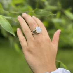 Bague large Anneau antique argent doré & Pierre de Lune TAILLE 58