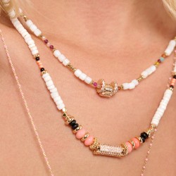 Collier BOUHOU NEON Or - Coquillages blancs & Pierres noir corail